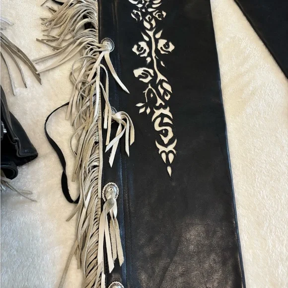 Black/Cream Fringe Rare Leather Jacket and Chaps. Excellent condition. Sz Medium - Picture 5 of 16